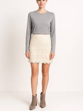 English Factory Gray Ecru Long Sleeve Layered Lace Skirt Dress Womens Medium